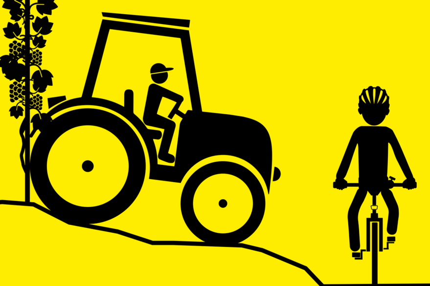 Grafik mit schwarzem Traktor und Fahrrad auf gelbem Hintergrund