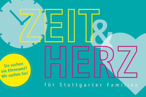 Schriftzug Zeit und Herz für Stuttgarter Familien auf türkisem Hintergrund