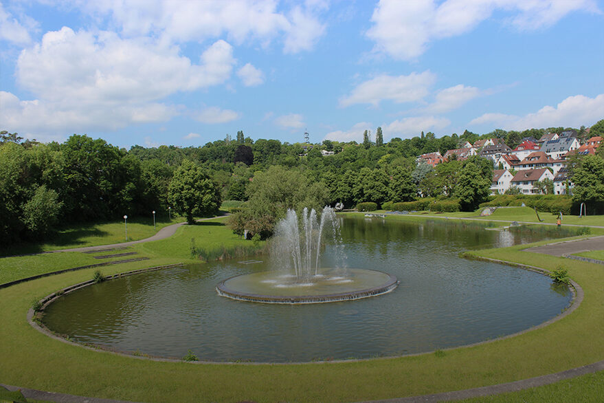 A large fountain in the middle of a green park