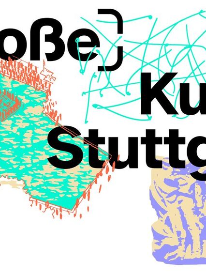 Grafik mit drei abstrakten Elementen und dem Text "Große Kunst für Stuttgart"