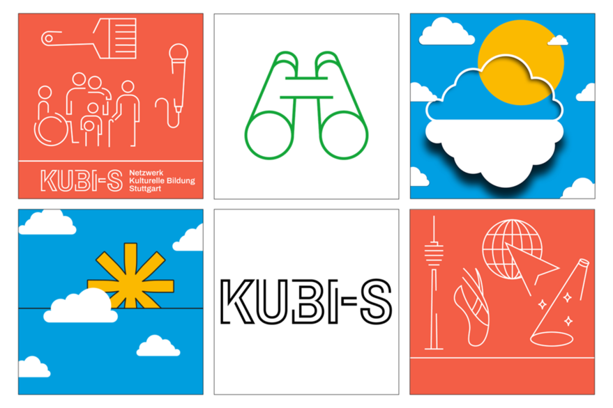 Grafik: In zwei Reihen sind jeweils drei Bilder in quadratischer Form nebeneinandergesetzt. Die Präsentation erinnert an Instagram. Es sind Logo und Ausschnitte der Grafiken von KUBI-S. In der Bildmitte steht in der unteren Reihe das Logo von KUBI-S.