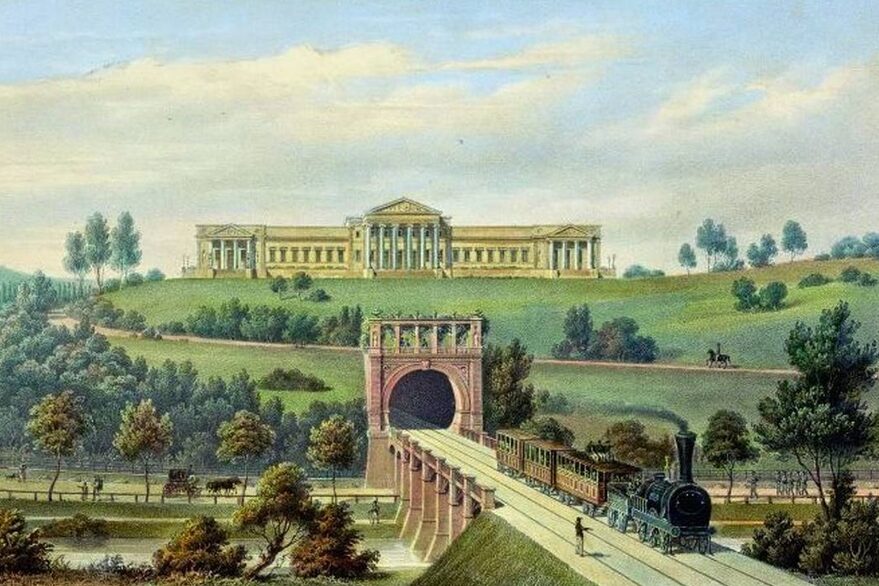 Historisches Gemälde vom Königlichen Landhaus Rosenstein mit Neckarbrücke und Tunnelmündung.
