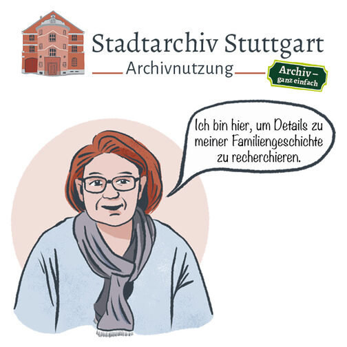 Comic mit Person und Sprechblase: "Ich bin hier, um Details zu meiner Familiengeschichte zu recherchieren." Überschrieben mit Stadtarchiv Stuttgart, Archivnutzung