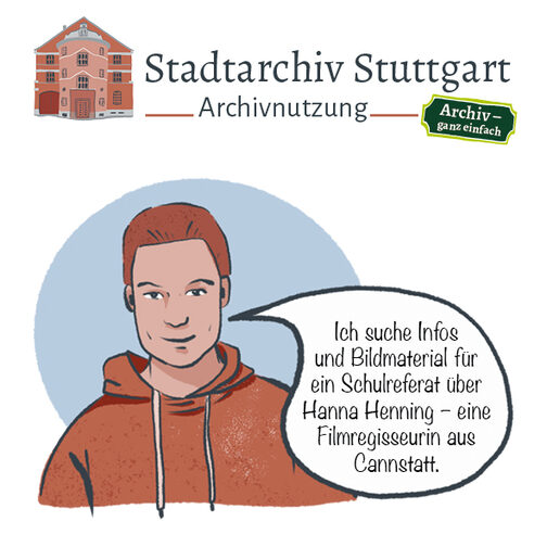 Comic mit Person und Sprechblase: "Ich suche Infos und Bildmaterial für ein Schulreferat über Hanna Henning - eine Filmregisseurin aus Cannstatt." Überschrieben mit Stadtarchiv Stuttgart, Archivnutzung