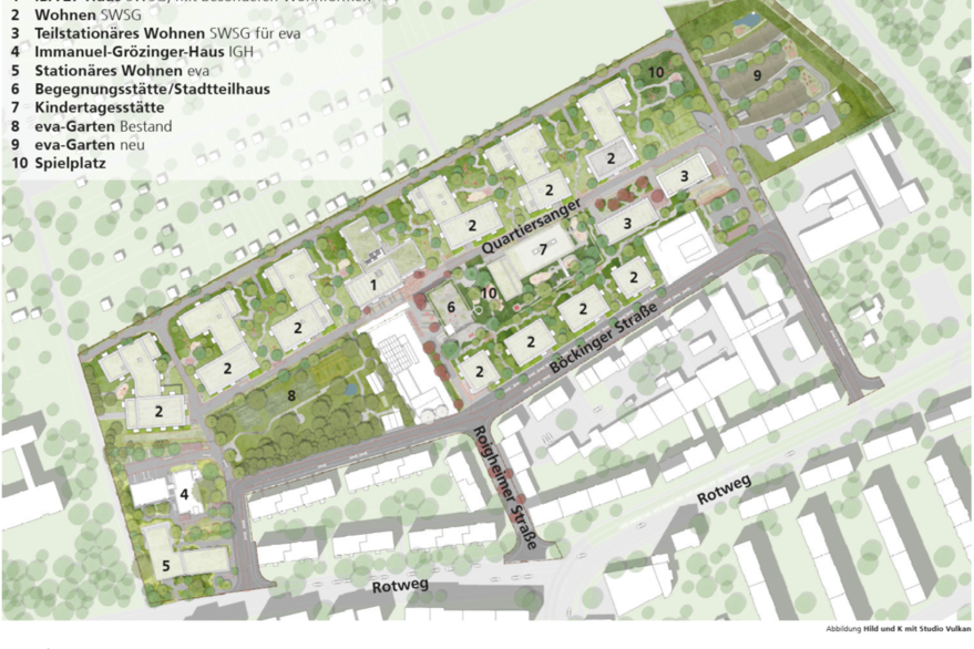 Lageplan/Grundriss in hellgrün, dunkelgrün und weiß sowie graue Straßen von der künftigen Böckinger Straße.