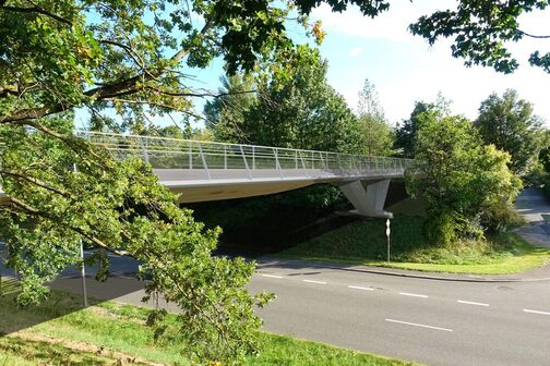 Graue Brücke in Leichtbauweise überquert eine nicht befahrene Straße. Links und rechts grüne Bäume.