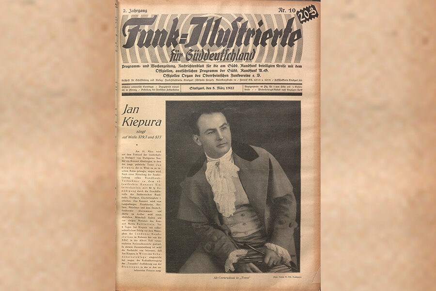 Titelblatt der Funk-Illustrierten für Süddeutschland mit Werbung für das Konzert "Jan Kiepura singt auf Welle 279,7 und 577" sowie mit einem Foto von Jan Kiepura vom 5. März 1927