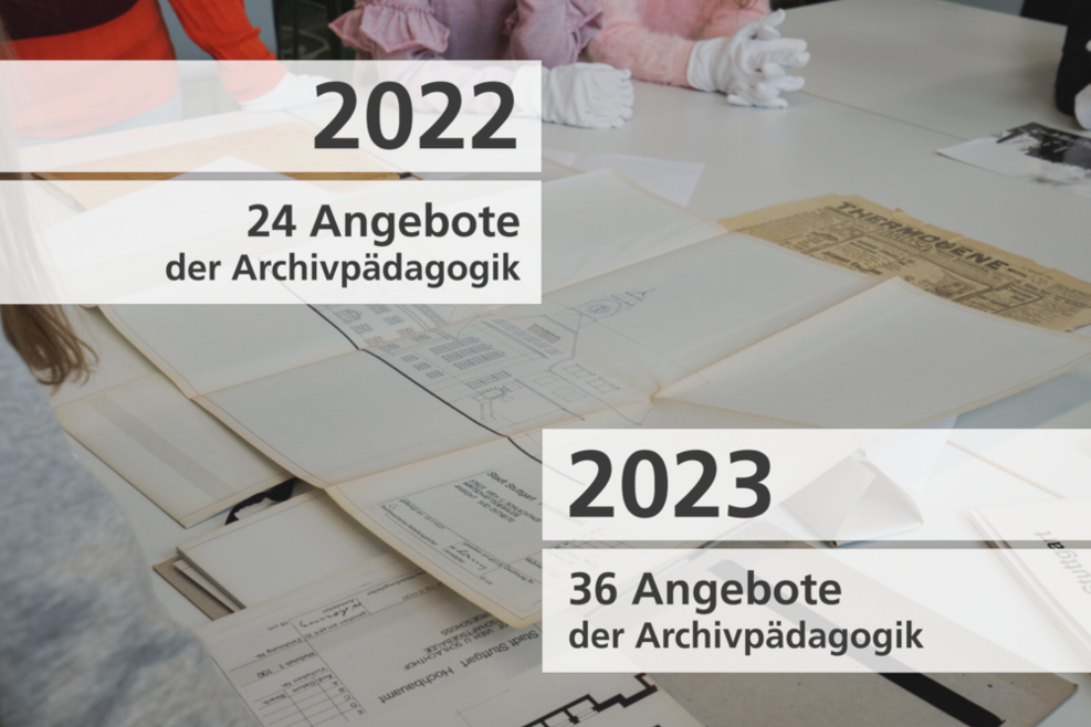 Bild, das die Anzahl an Archivpädagogischen Angeboten des Stadtarchivs Stuttgart zeigt: 2022 (24 Angebote) und 2023 (36 Angebote).