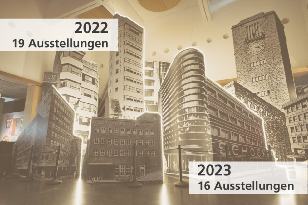 Ausstellung mit Stuttgarter Gebäuden. Info mit der Anzahl der Ausstellungen im StadtPalais 2022 (19) und 2023 (16).