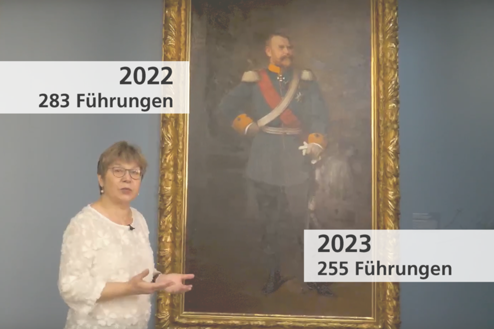 Eine Person erklärt ein Gemälde. Info über die Anzahl der Führungen im Berichtszeitraum 2022 (283) und 2023 (255).