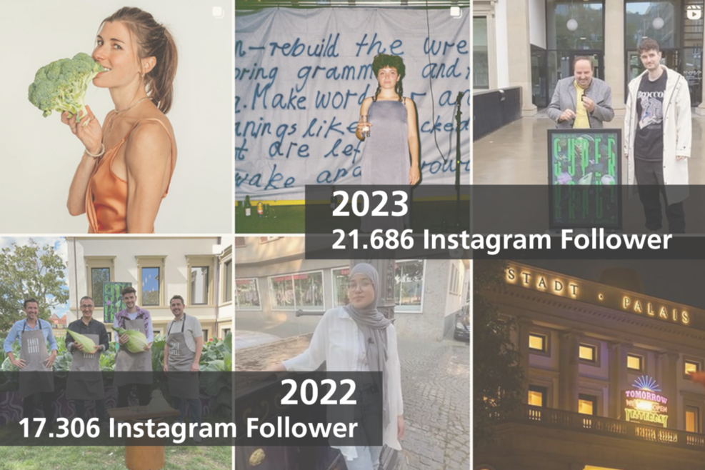 Oberfläche des Instagram-Kanals des StadtPalais Stuttgart. Infos zur Anzahl der Follower auf Instagram 2022 (17.306) und 2023 (21.686).