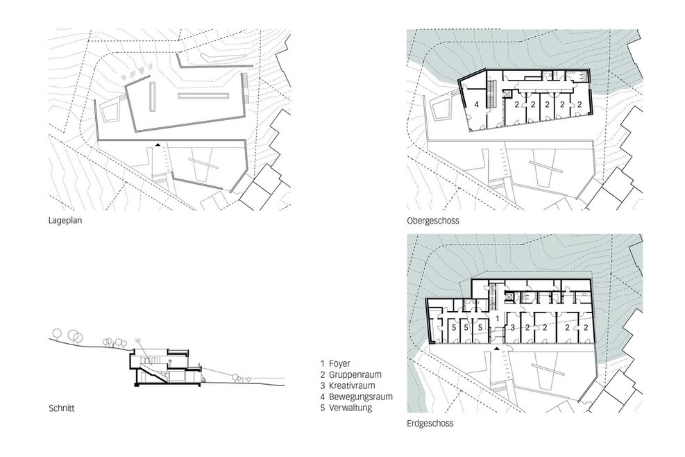 Lageplan, Grundriss Erdgeschoss + Obergeschoss und Schnitt