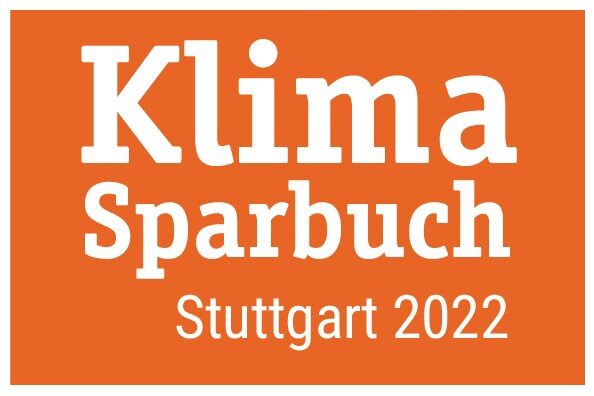 Grafik: Auf einer orangenen Oberfläche steht in weißen Buchstaben "Klimasparbuch" und "Stuttgart 2022".