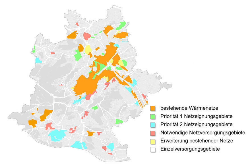 Die Grafik aus dem Entwurf der kommunalen Wärmeplanung markiert im Stuttgarter Stadtgebiet die Zonen mit bestehenden Wärmenetzen, Eignungs- und Versorgungsgebiete, Erweiterungsbereiche und Einzelversorgungsgebiete.