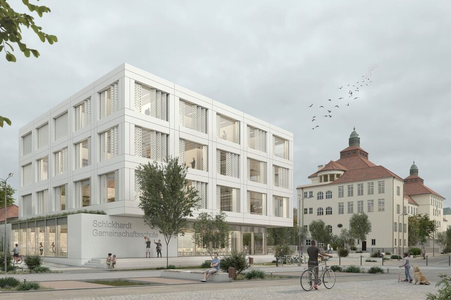 Für das Neubauvorhaben der Schickhardt-Gemeinschaftsschule in der Heusteigstraße hat das Preisgericht den Entwurf des Büros CODE UNIQUE Architekten GmbH mit RSP Freiraum aus Dresden zum Sieger ernannt.