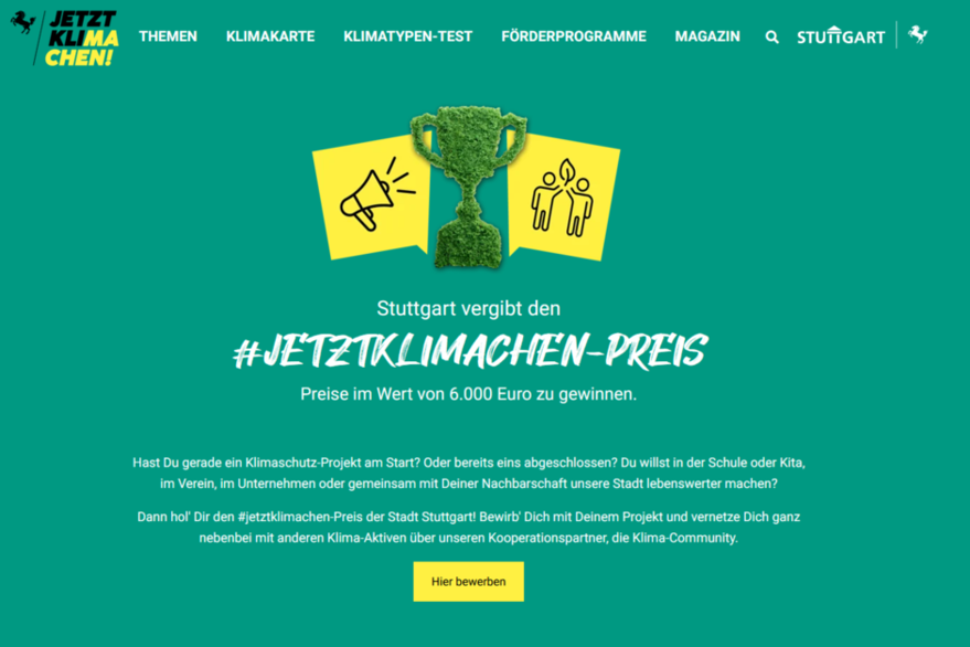 Screenshot der Homepage des #jetztklimachen-Preises