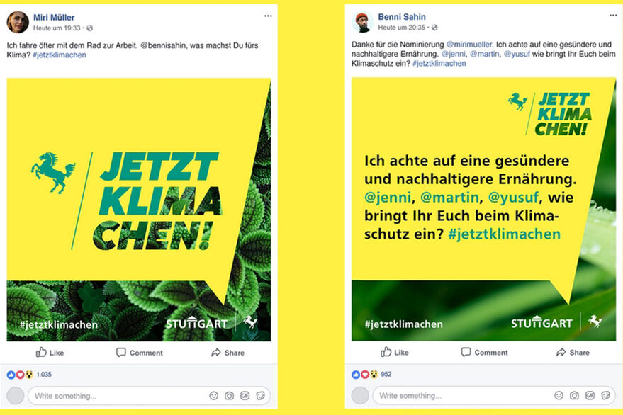 Die Grafik zeigt zwei Social Media-Posts zur Klima-Nominierungs-Challenge.