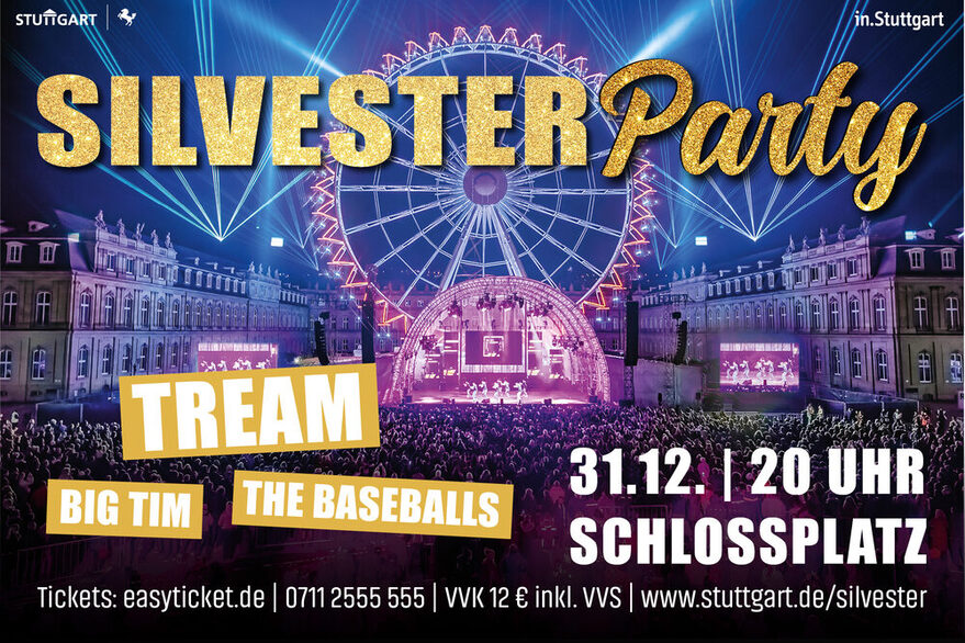 Plakat zur Silvesterparty zeigt Showbühne und beleuchtetes Riesenrad