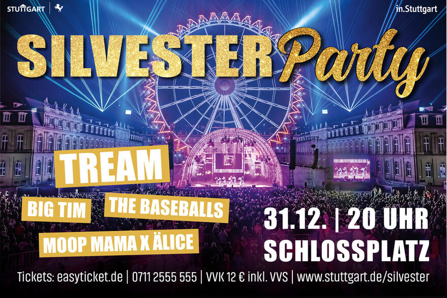 Plakat zur Silvesterparty zeigt Showbühne und beleuchtetes Riesenrad