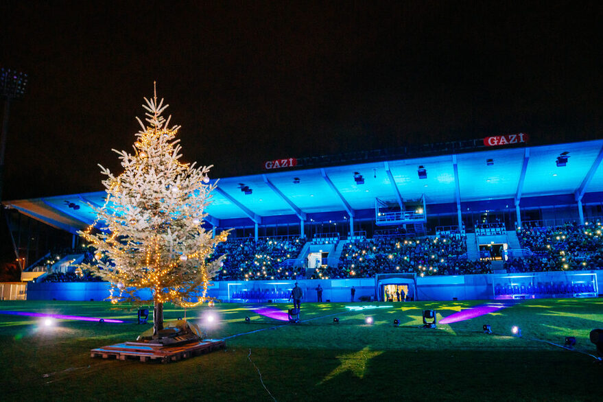 Ein geschmückter Weihnachtsbaum im beleuchteten GAZi-Stadion.