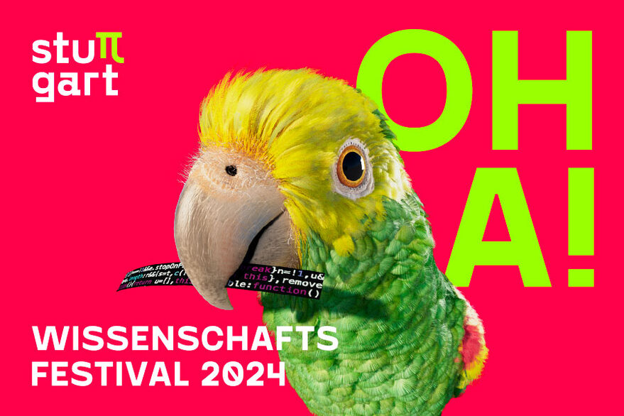 Poster des Wissenschafts Festivals 2024. Zu sehen ist ein Papagei, der eine Formel im Schnabel hat.