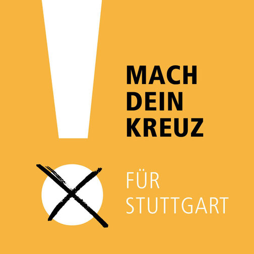 Grafik: Abgebildet ist ein Ausrufezeichen. Im Punkt des Ausrufezeichens ist ein Kreuz zu sehen. Der Text der Grafik lautet: Dein Kreuz für Stuttgart.