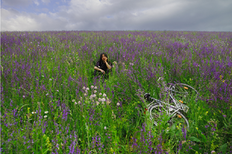 Ein Mädchen sitzt verträumt in einem Feld aus Gras und lila Wildblumen, den Kopf in die linke Hand gestützt und den Blick zur Kamera gerichtet. Links neben ihr liegt ein Fahrrad im Gras, was dem Bild eine ruhige Atmosphäre verleiht.