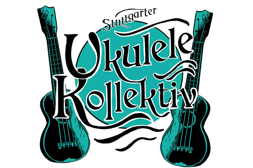 Rechts und links jeweils eine Ukulele, dazwischen der Schriftzug des Stuttgarter Ukulele Kollektivs