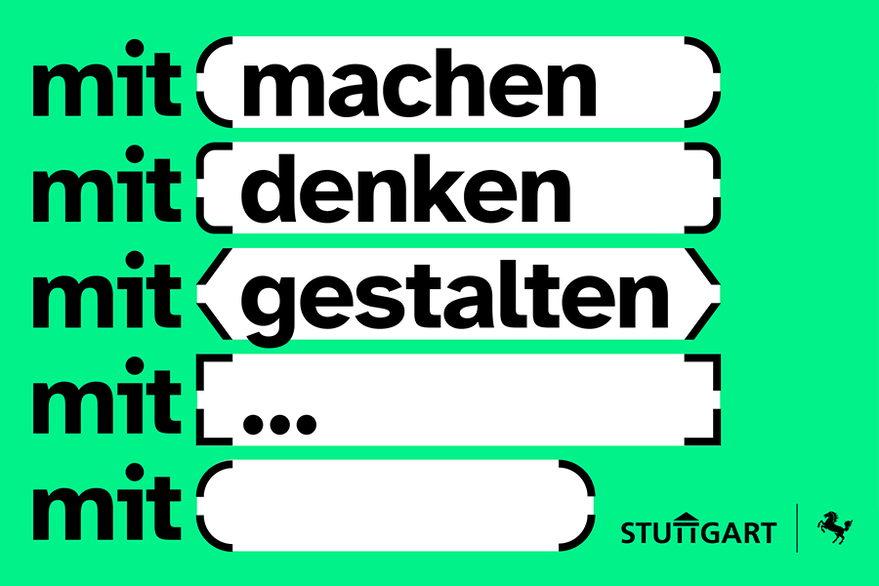 Klammegrafik auf grünem Hintergrund. Links steht immer "mit" dahinter in Klammern "machen" "denken" "gestalten" "..." und eine leere Klammer.