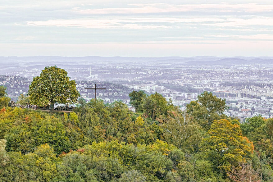 Der Birkenkopf vom oben mit der Stadt Stuttgart im Hintergrund.