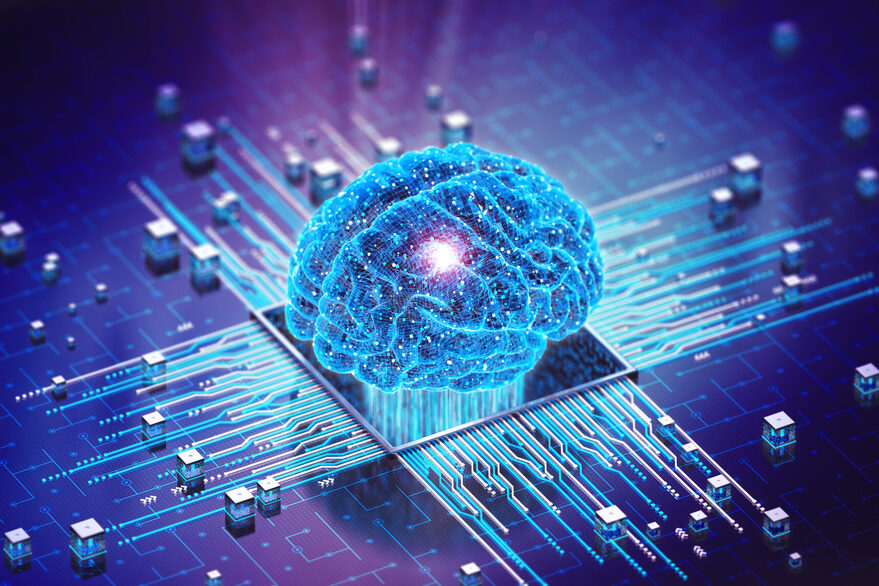 Aus einer Platine wächst das Konzept der künstlichen Intelligenz - ein KI-Gehirn