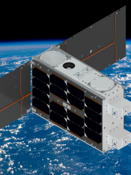 Grafik mit EIVE Satellit vor Weltall